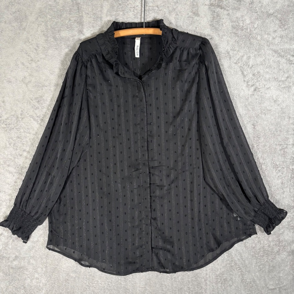 Belle + Isle by Torrid 4 Black Swiss Dot Metallic Stripe Ruffle Sheer Blouse 4X